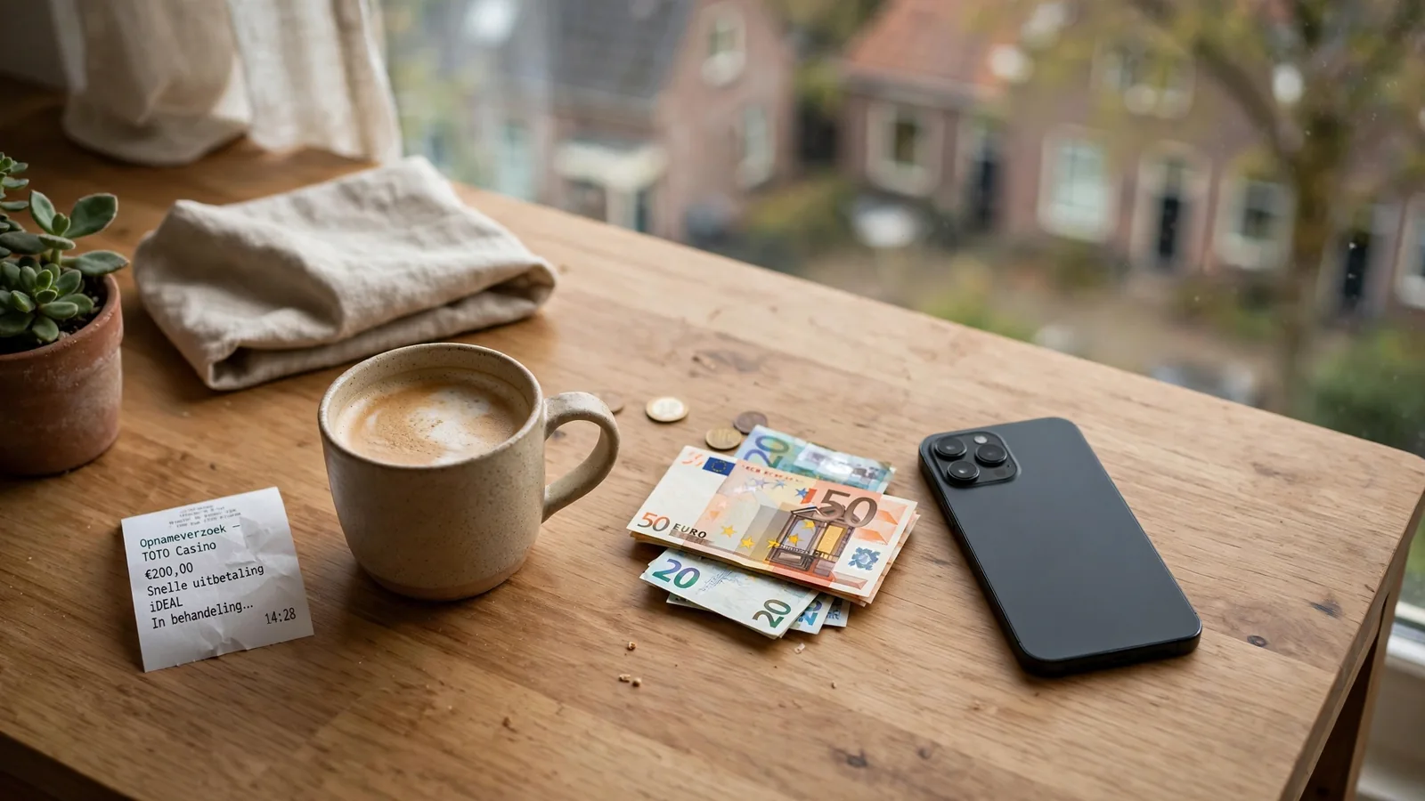 Smartphone op bureau met eurobiljetten en koffie, scherm naar beneden