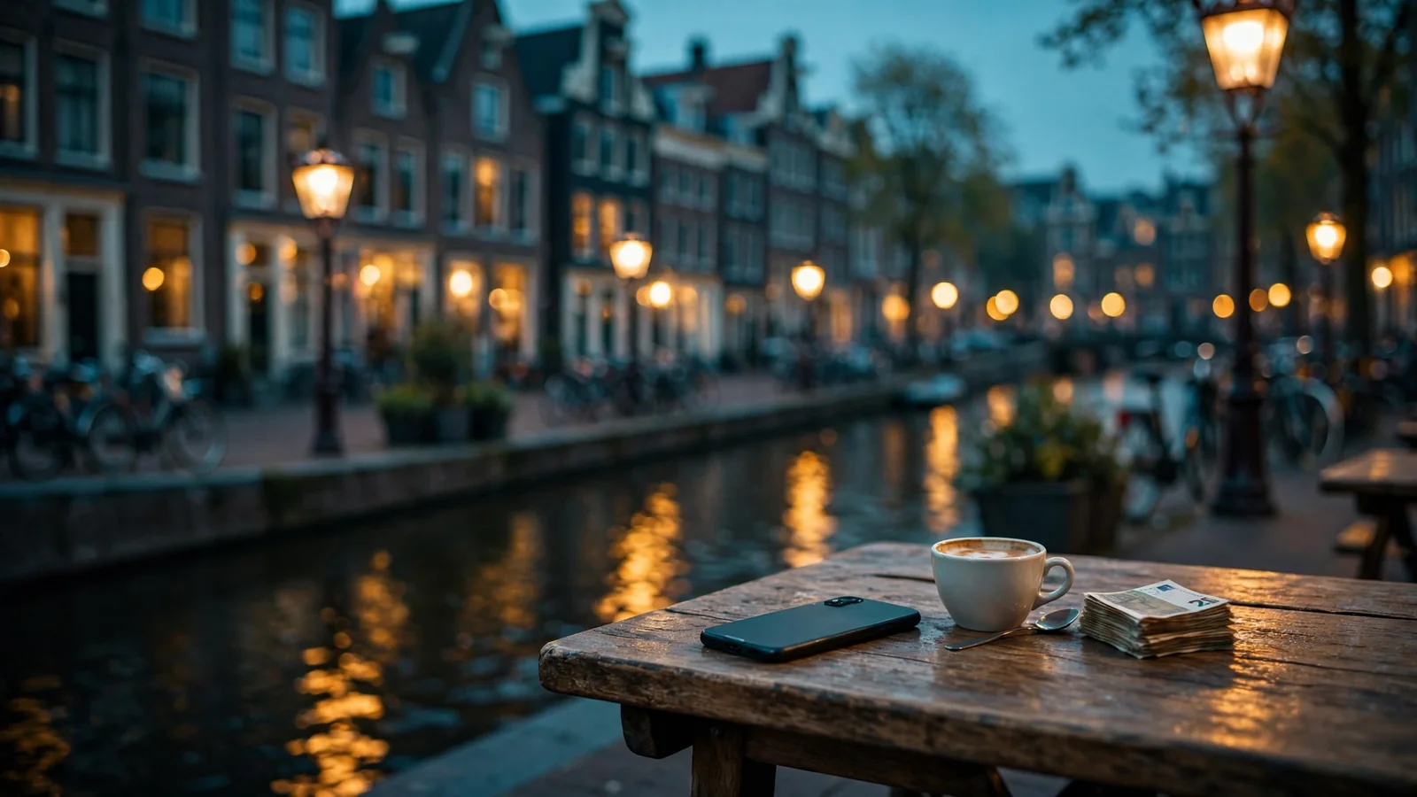 Amsterdamse gracht bij schemering met telefoon en eurobiljetten op tafel