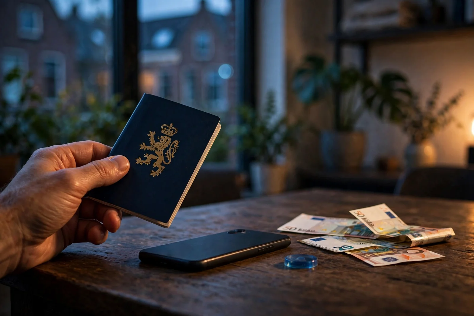 Nederlandse speler aan tafel met paspoort en telefoon