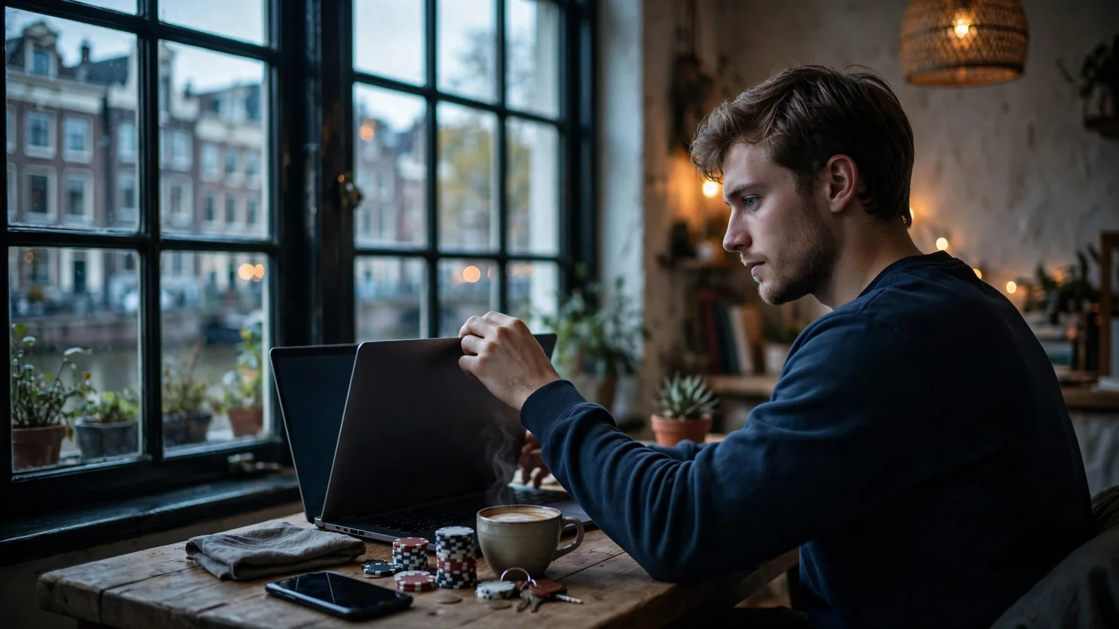 Nederlandse man opent laptop aan tafel, pokerfiches ernaast