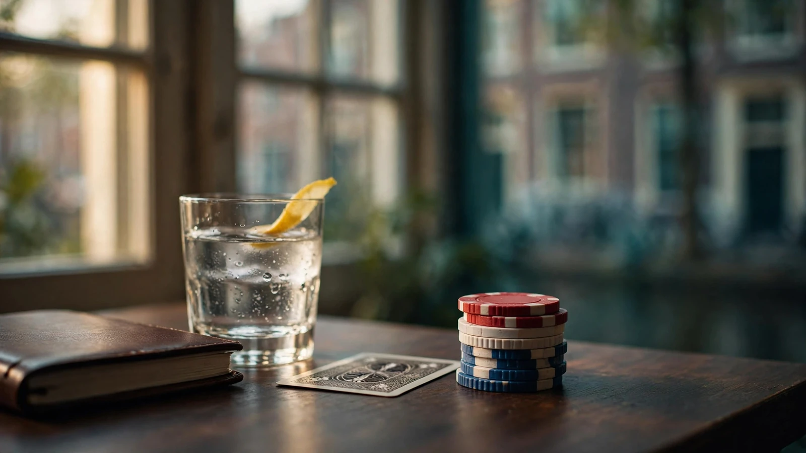Nederlandse casinofiches, gesloten notitieboek en jenever op een bureau.