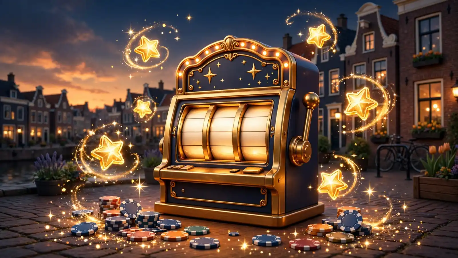 Stijlvolle casinospelautomaat met gouden gratis spins symbolen en fiches