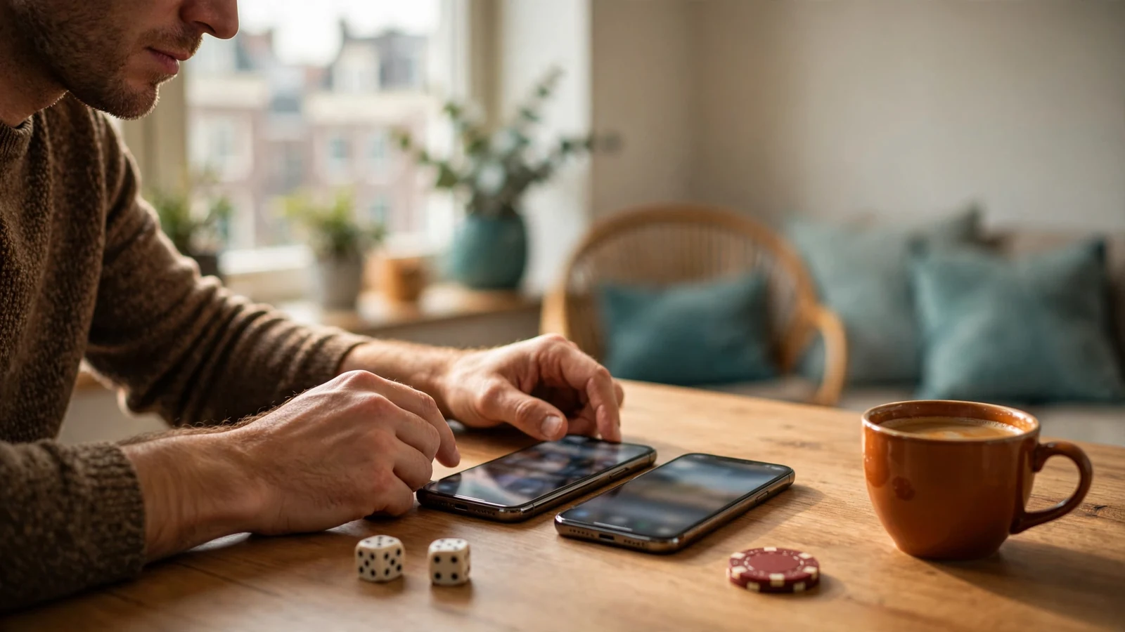 Persoon vergelijkt twee casino-apps op smartphones aan tafel