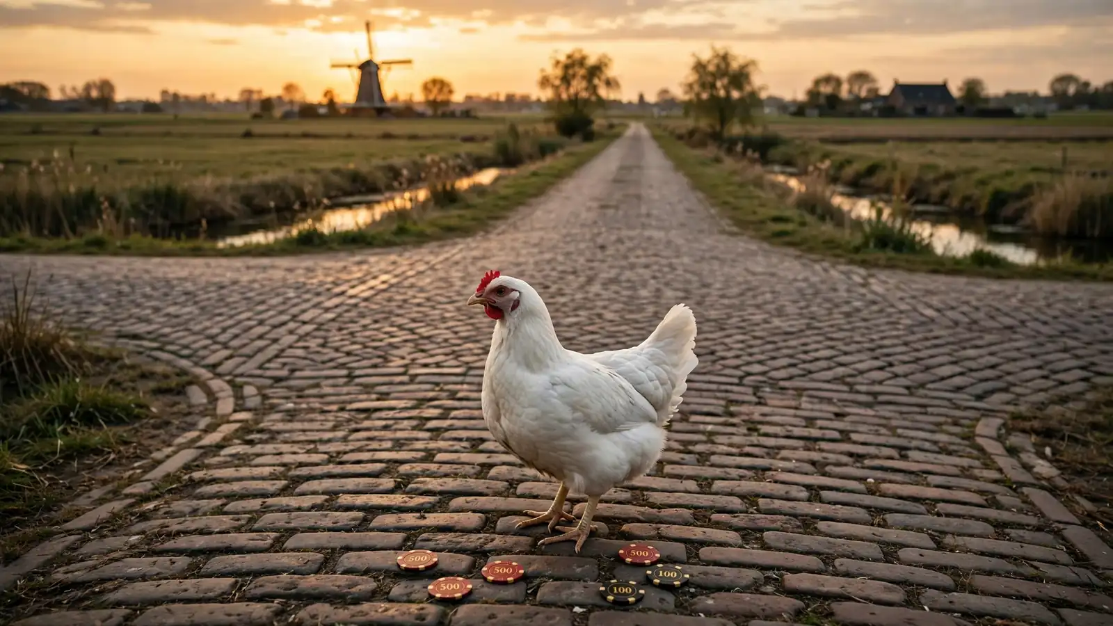 Witte kip op een Nederlands kruispunt met casinofiches bij klinkers