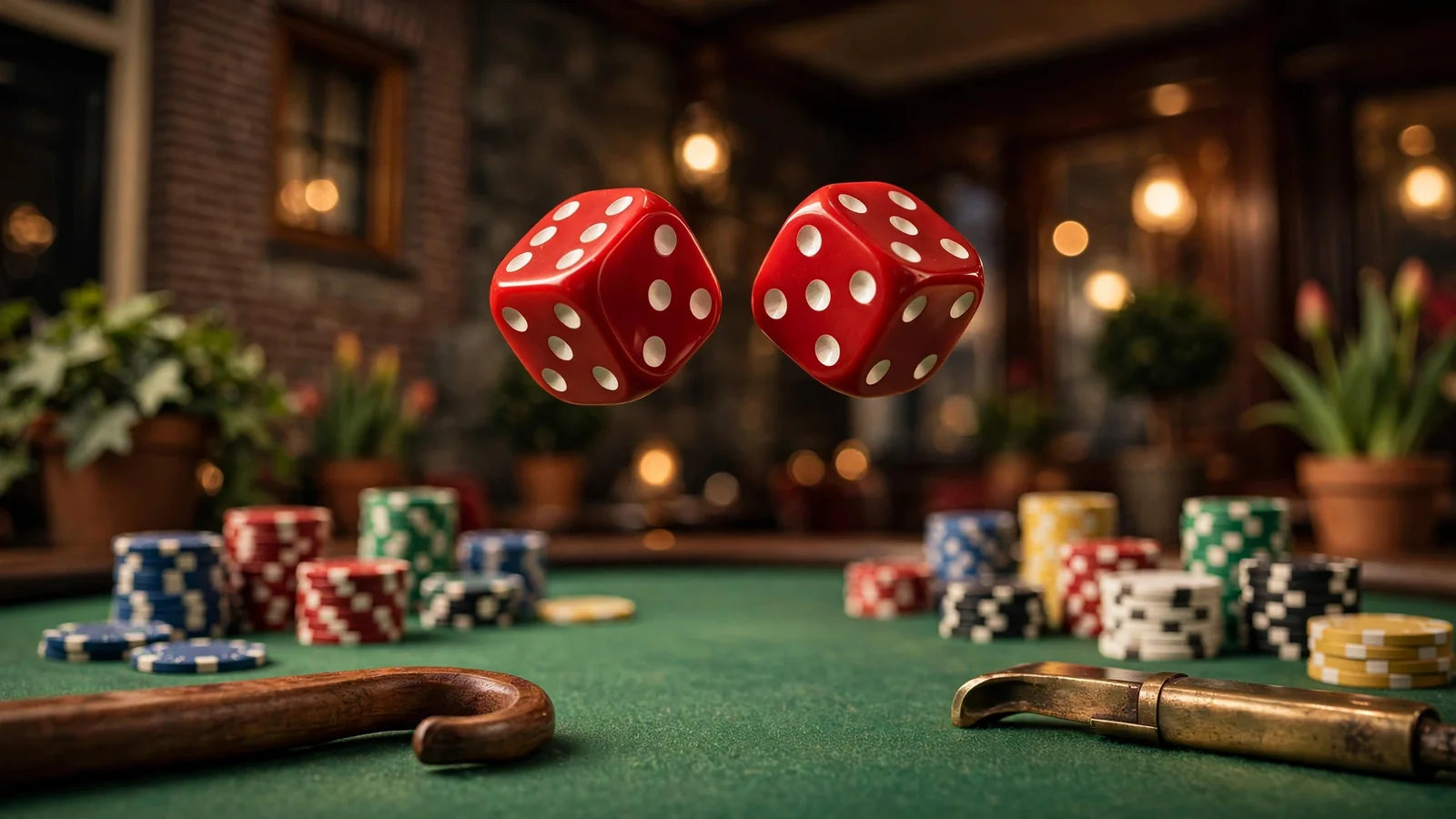 Twee rode dobbelstenen rollen over groene casinotafel met stapels gekleurde fiches
