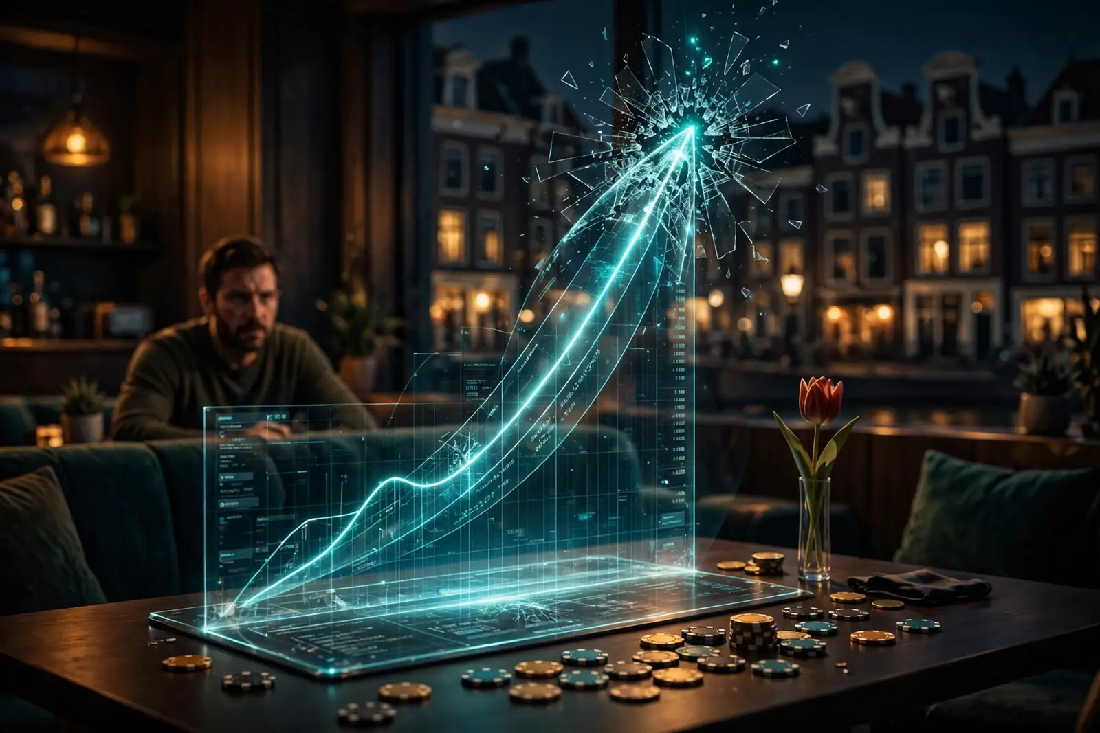 Stijgende curve boven casinotafel met fiches en tulp