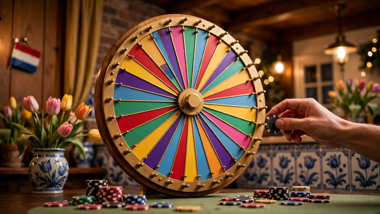 Kleurrijk casinowiel met chips in sfeervolle Nederlandse casinokamer