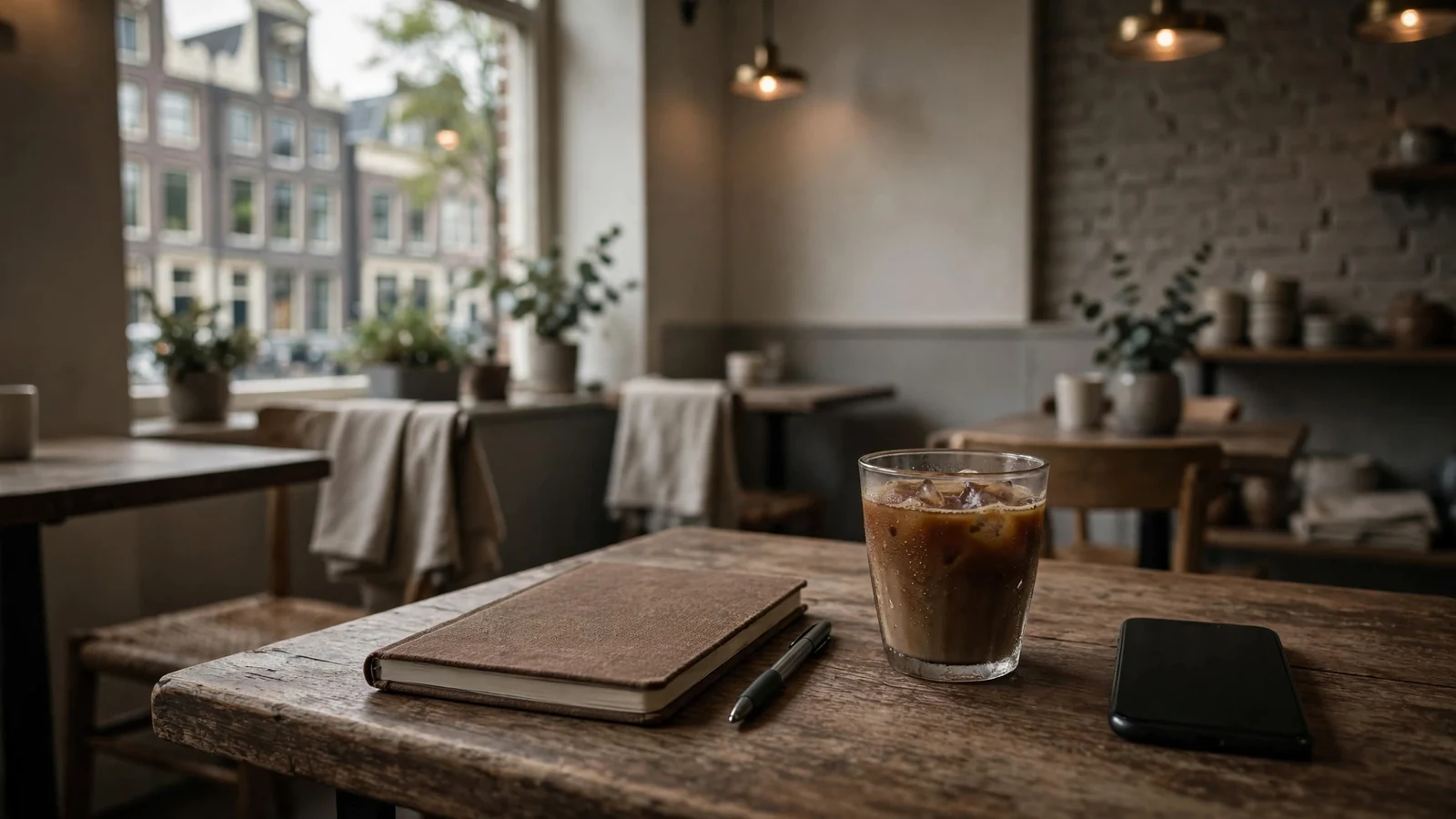 Een leeg Nederlands café met een gesloten notitieboek op tafel