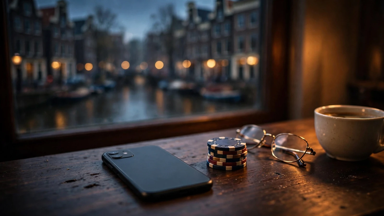 Smartphone op bureau met pokerfiches en uitzicht op Amsterdamse gracht