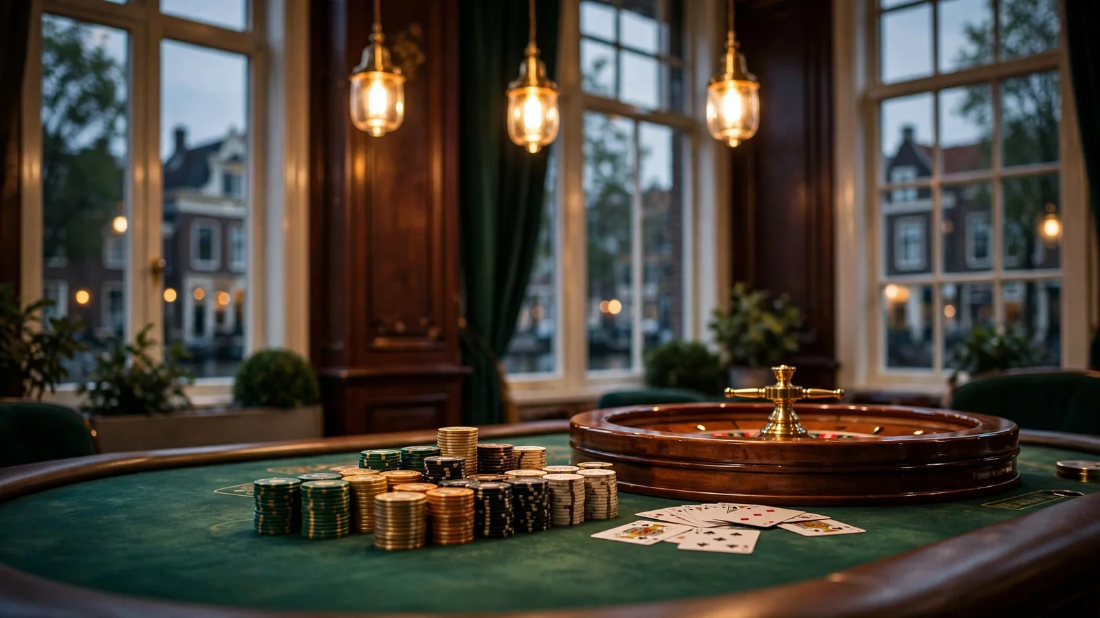 Elegant live casino tafel met roulette en fiches in sfeervolle Nederlandse zaal