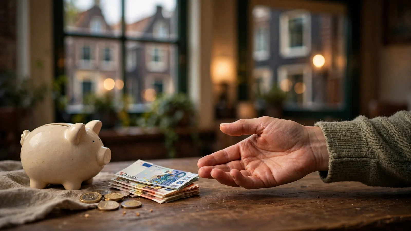 Hand ontvangt euro's terug naast een spaarpot