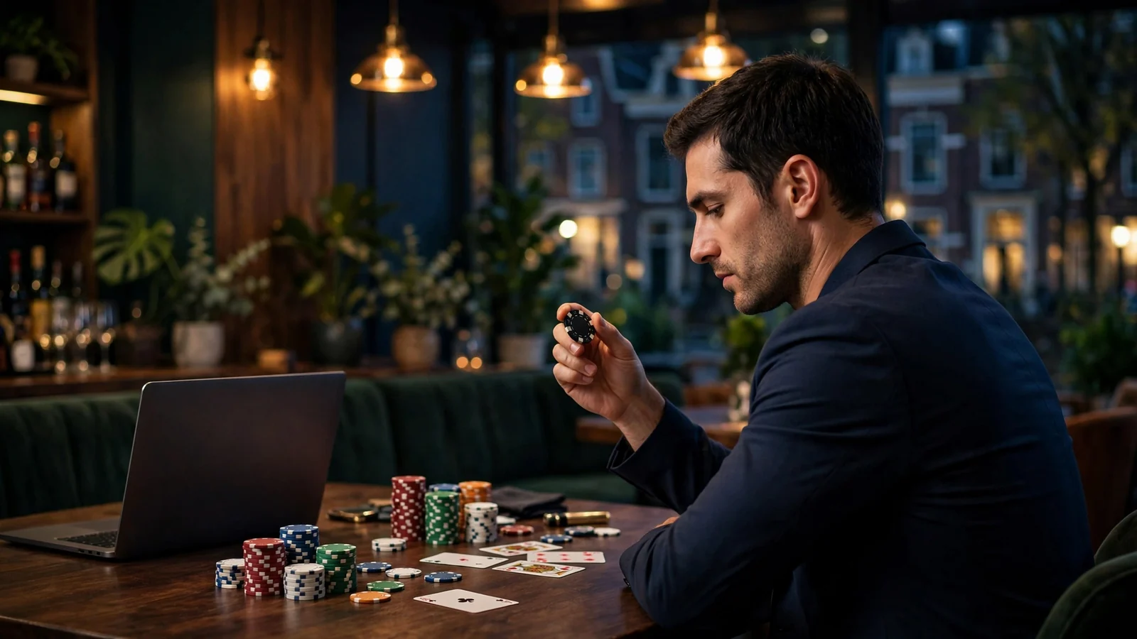 Een man met pokerchips aan een casinotafel in sfeervol Nederlands goklokaal