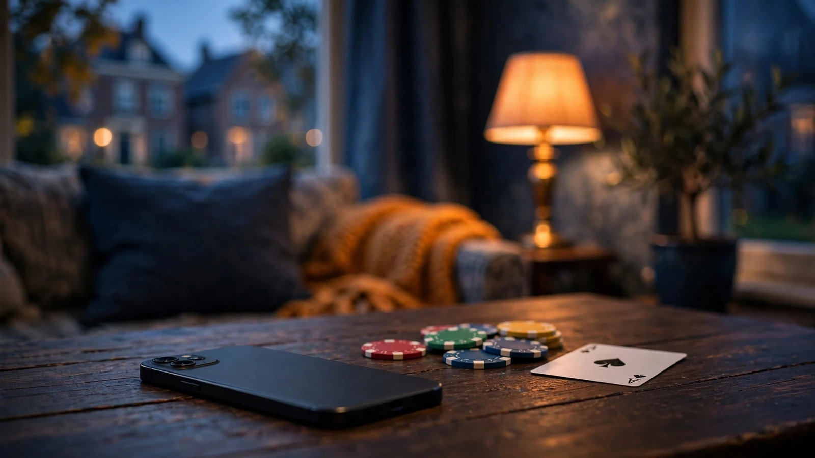 Smartphone met pokerchips op tafel, scherm niet zichtbaar