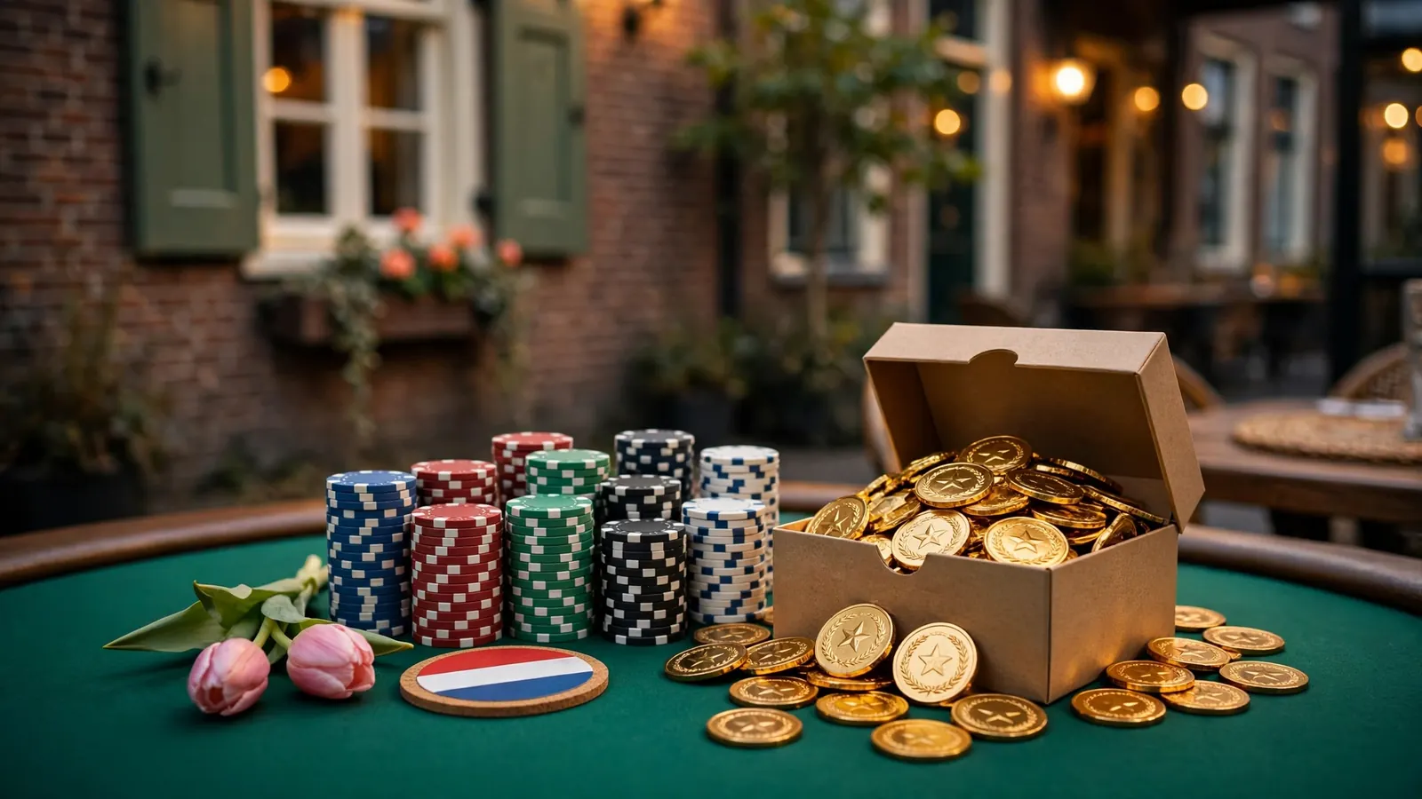Casinotafel met pokerchips en een geschenkdoos vol gratis bonuschips