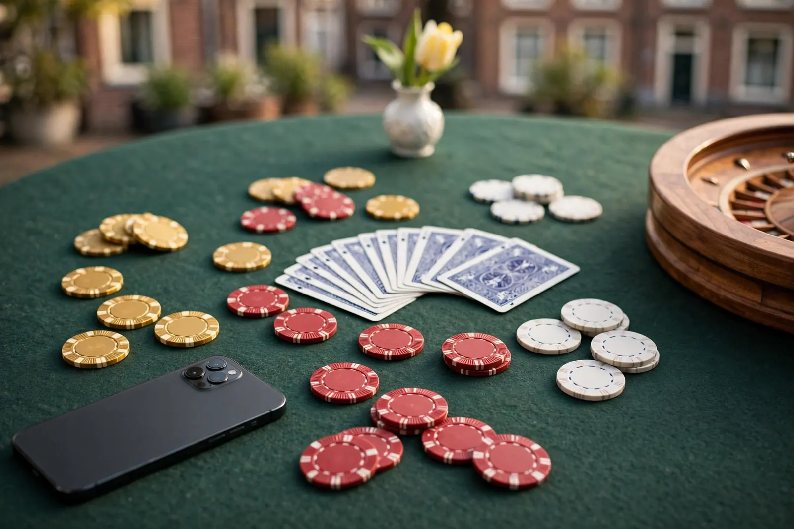 Stijlvolle casino tafel met fiches, kaarten en roulette wiel, telefoon scherm naar beneden