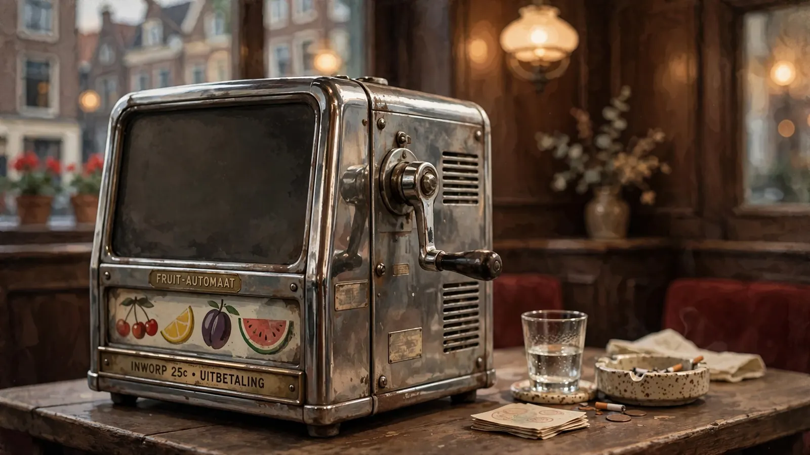 Klassieke Nederlandse fruitautomaat in een bruin café