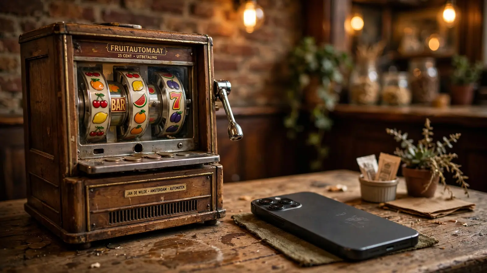 Vintage fruitautomaat naast een moderne smartphone in een café