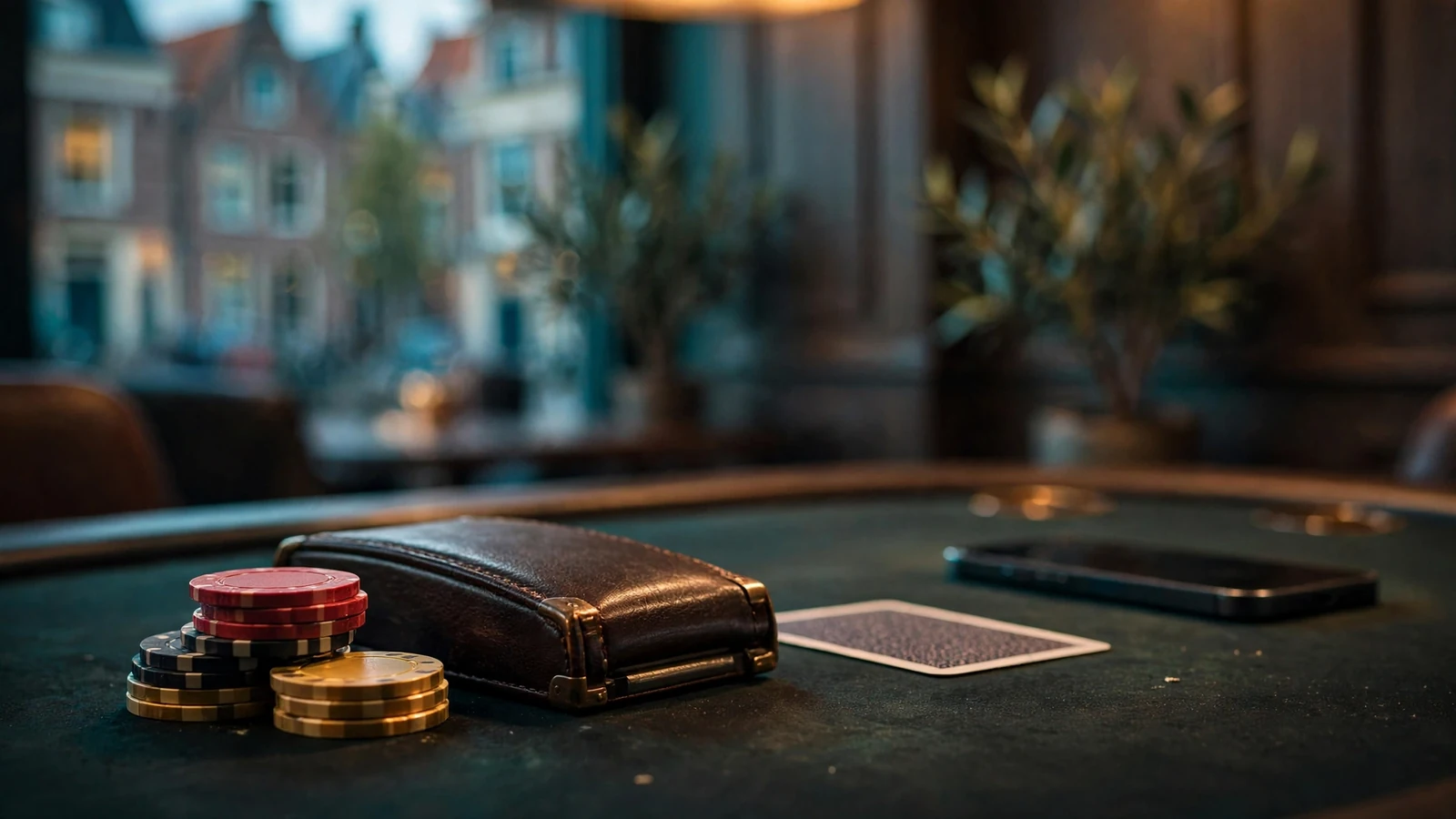 Elegante casino tafel met fiches en gesloten kaartenhouder, sfeervol verlicht