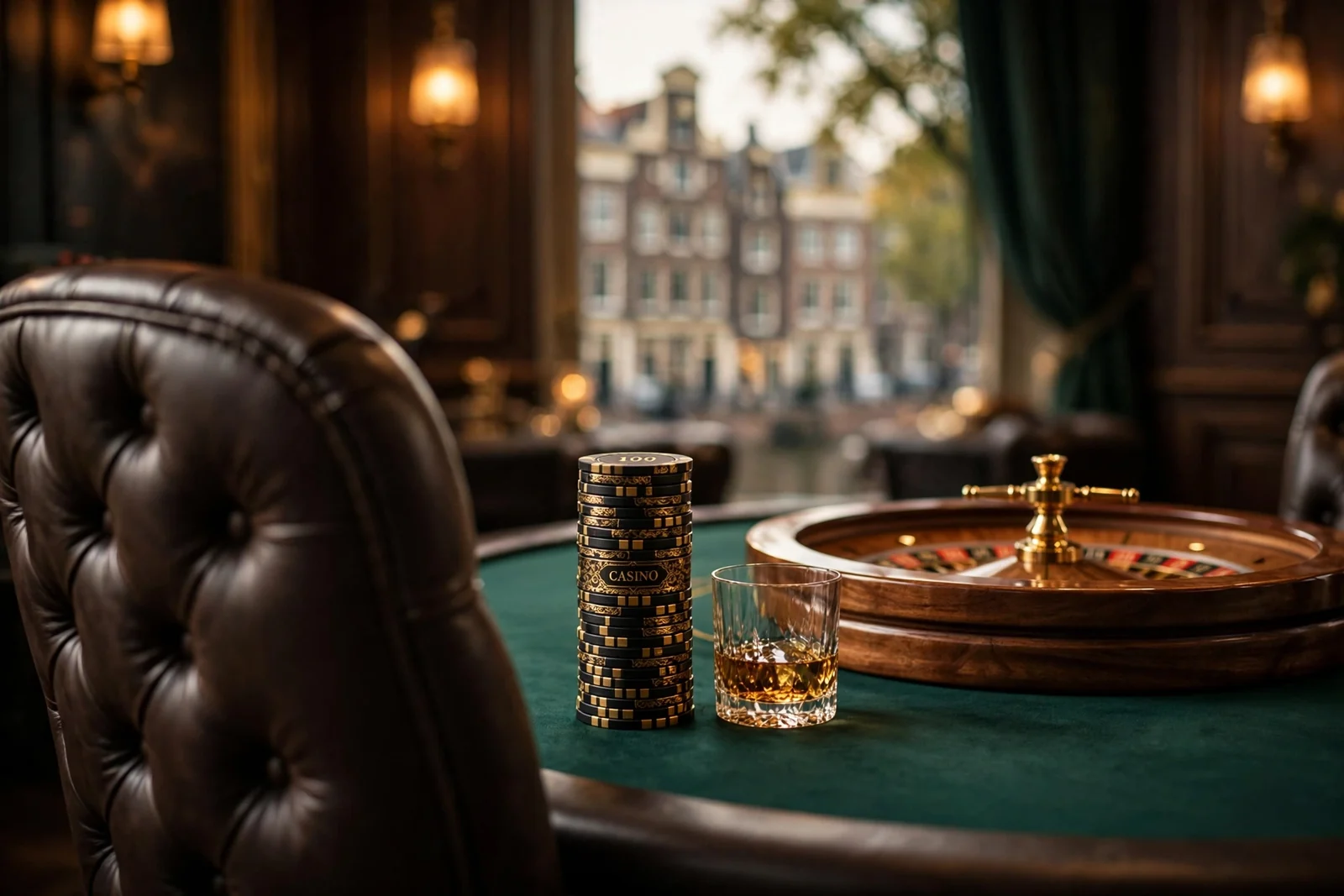 Stapel zwarte en gouden casinofiches naast roulettewiel in exclusieve speelruimte