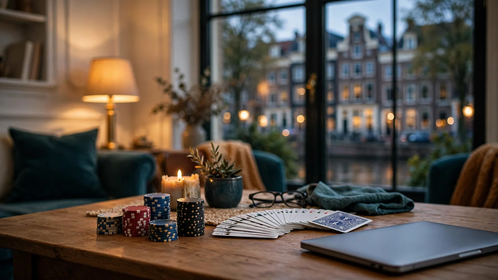 Sfeervol tafereel met casinofiches en kaarten in een Nederlands interieur