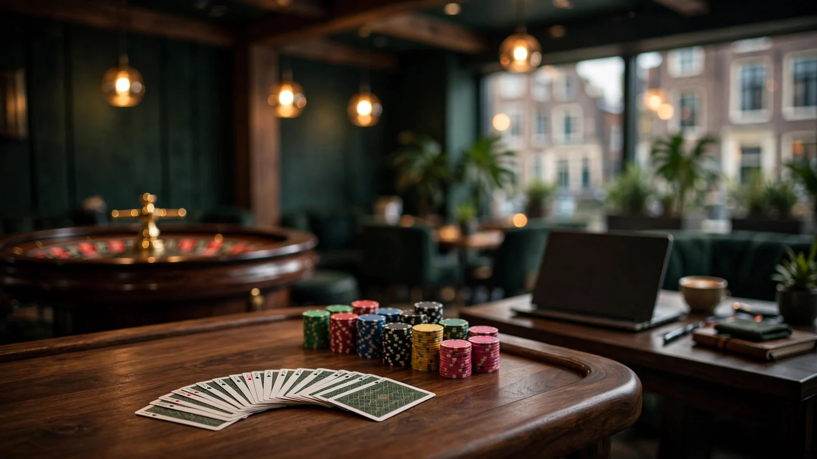 Pokerchips en kaarten op een casinotafel in een Holland Casino