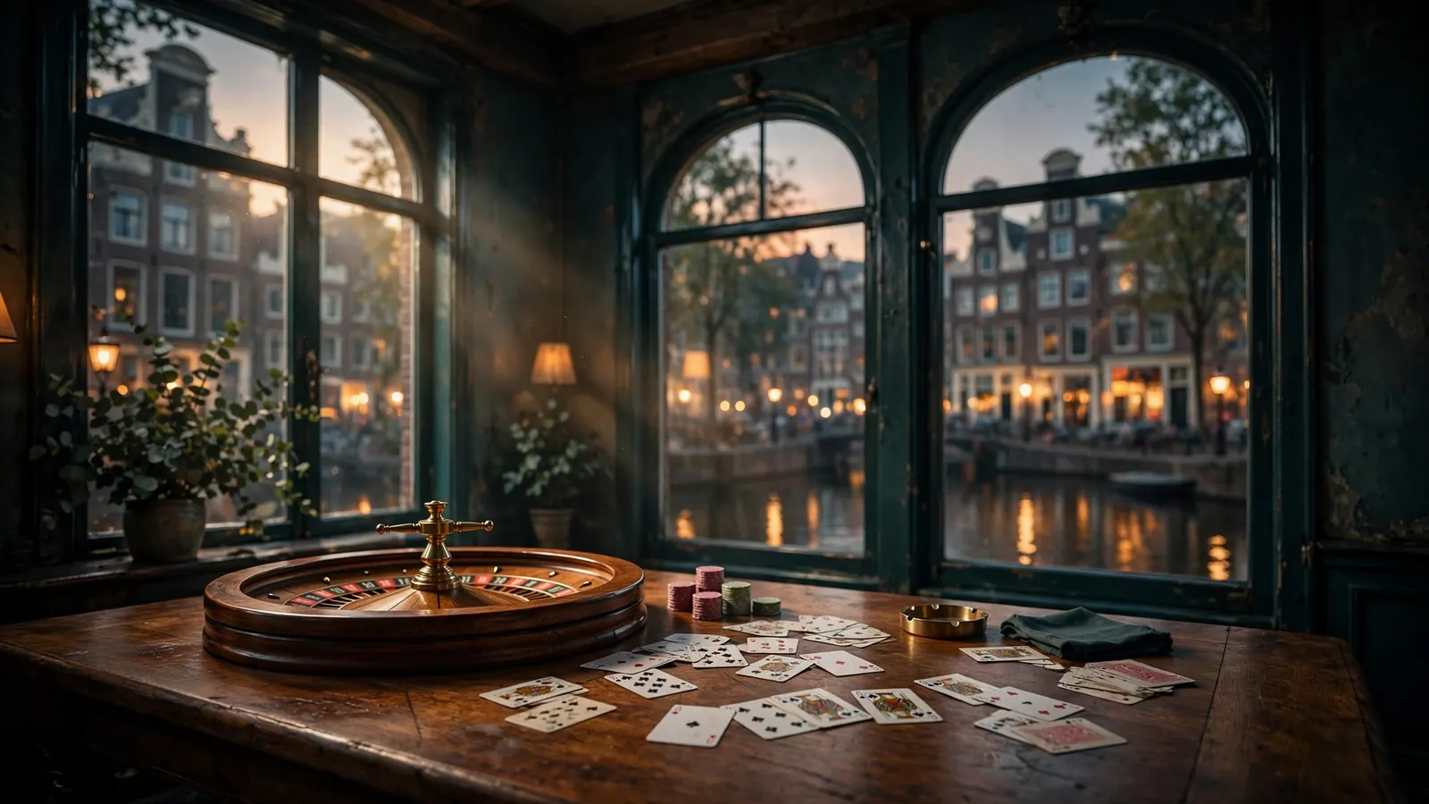 Sfeervol Amsterdams grachtenhuis interieur met roulette en speelkaarten op tafel