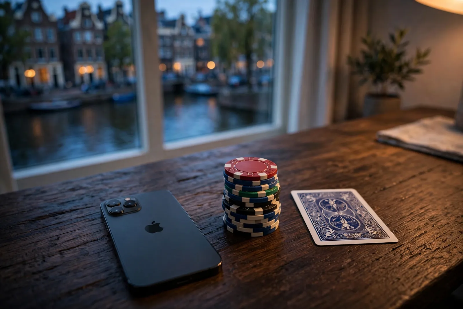 iPhone op tafel met casinofiches en speelkaart, Amsterdam-interieur op de achtergrond