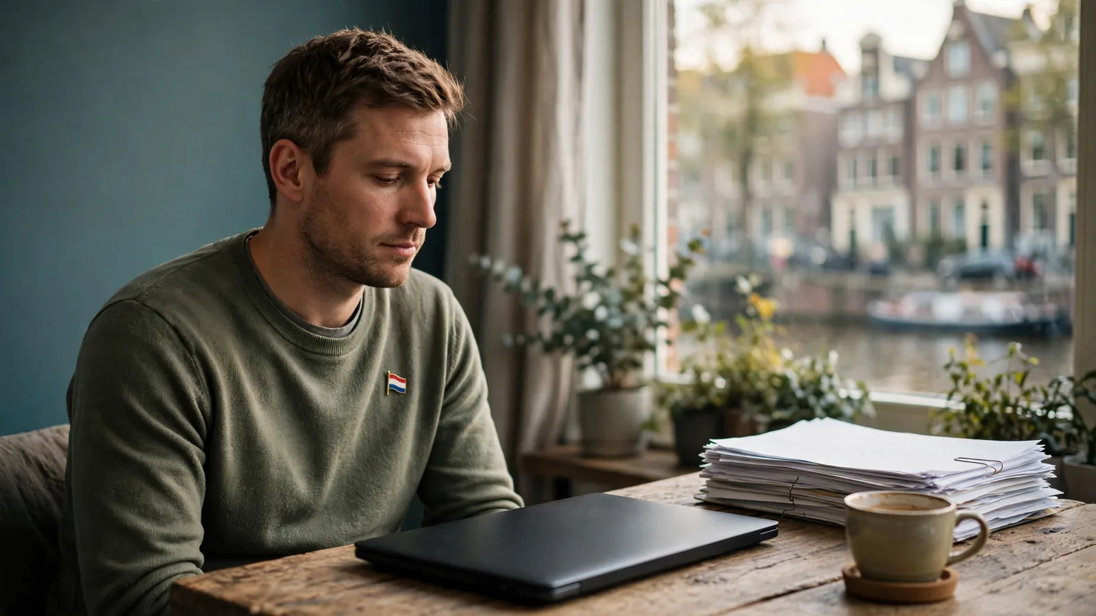Nederlander aan bureau met gesloten laptop en documenten over online gokken