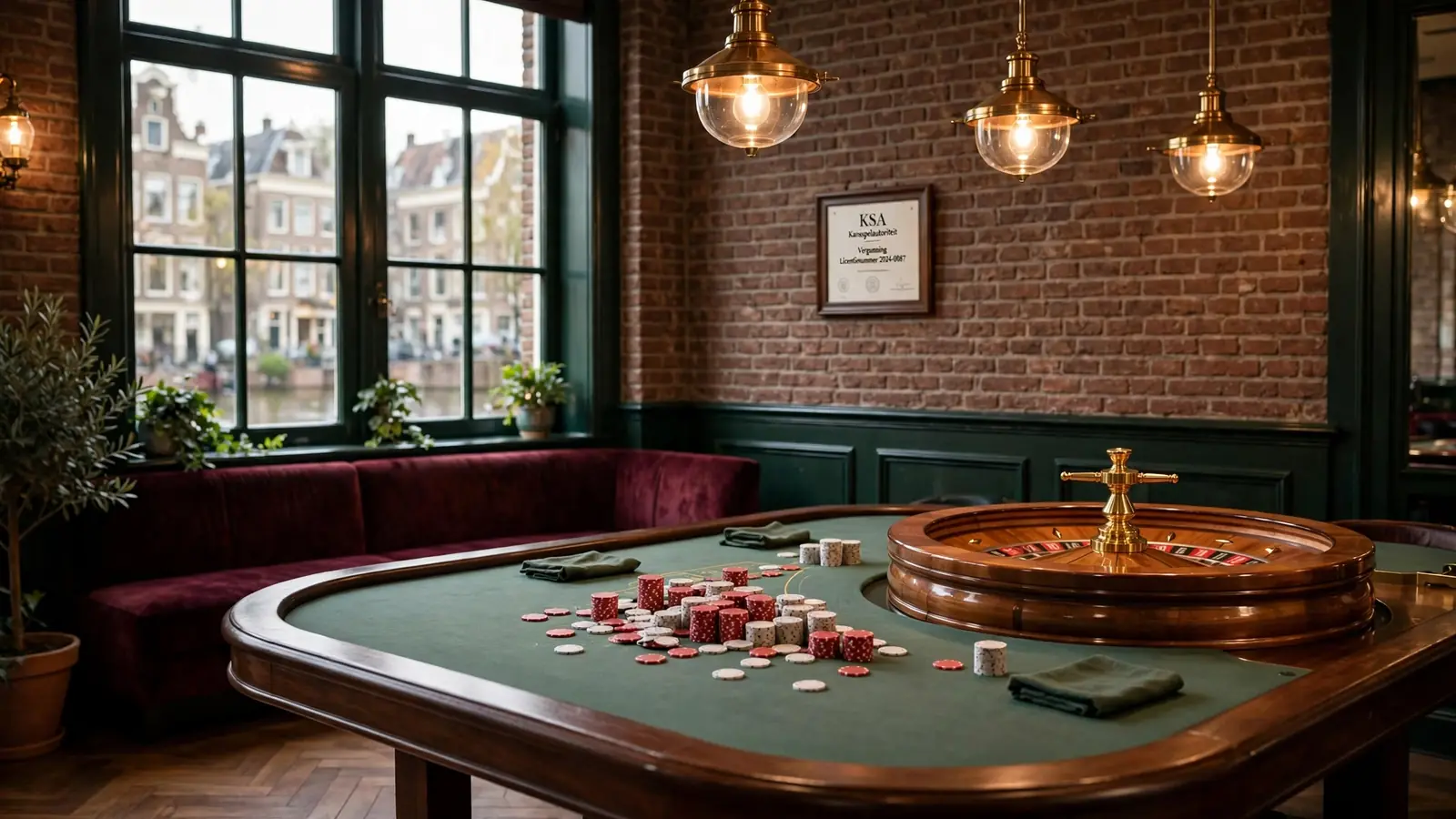 Stijlvolle Nederlandse casinozaal met roulettetafel en KSA-vergunning aan de muur.