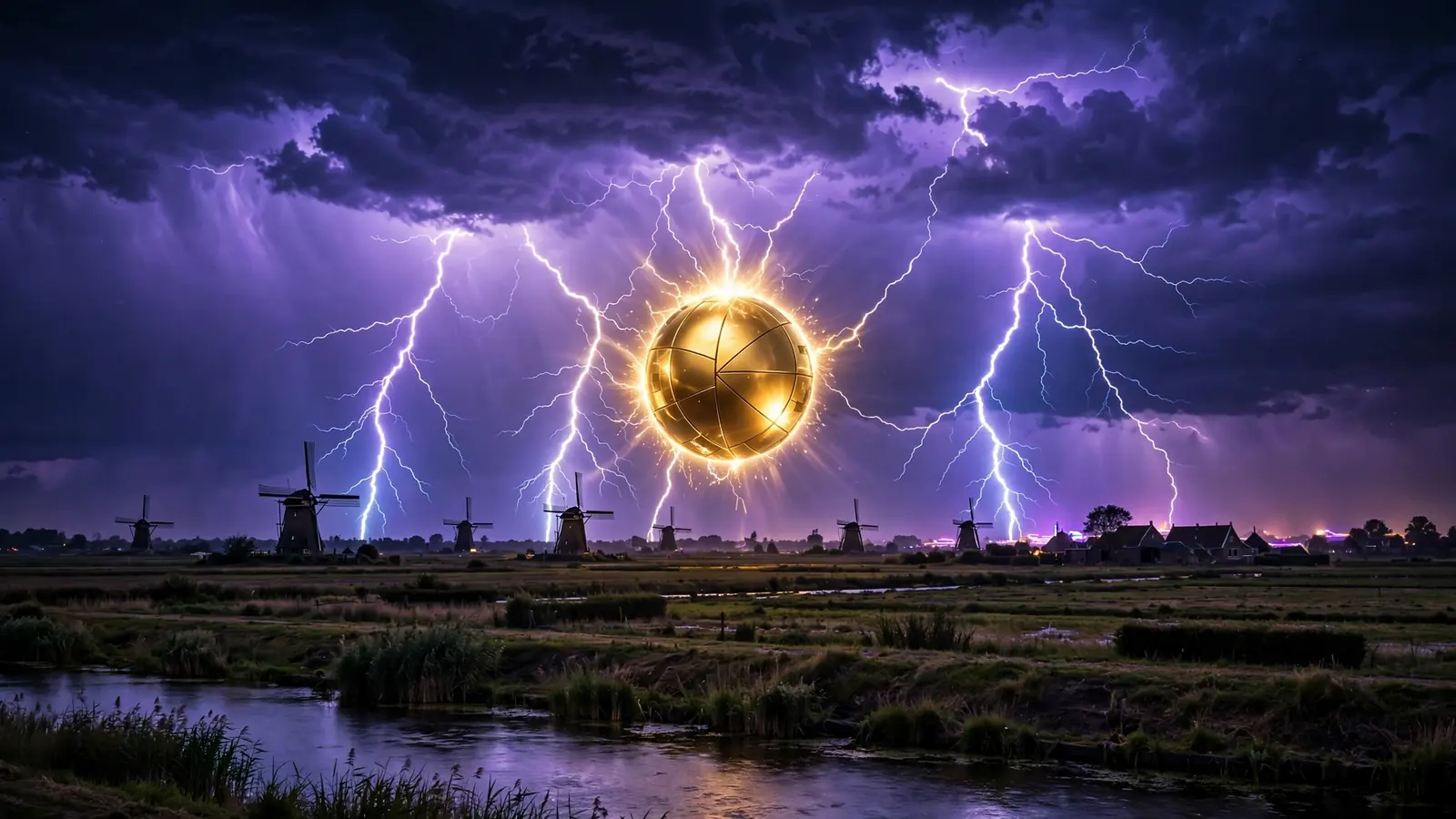Dramatische bliksemstorm boven het Nederlandse platteland met molens en een gloeiende bol aan de hemel.