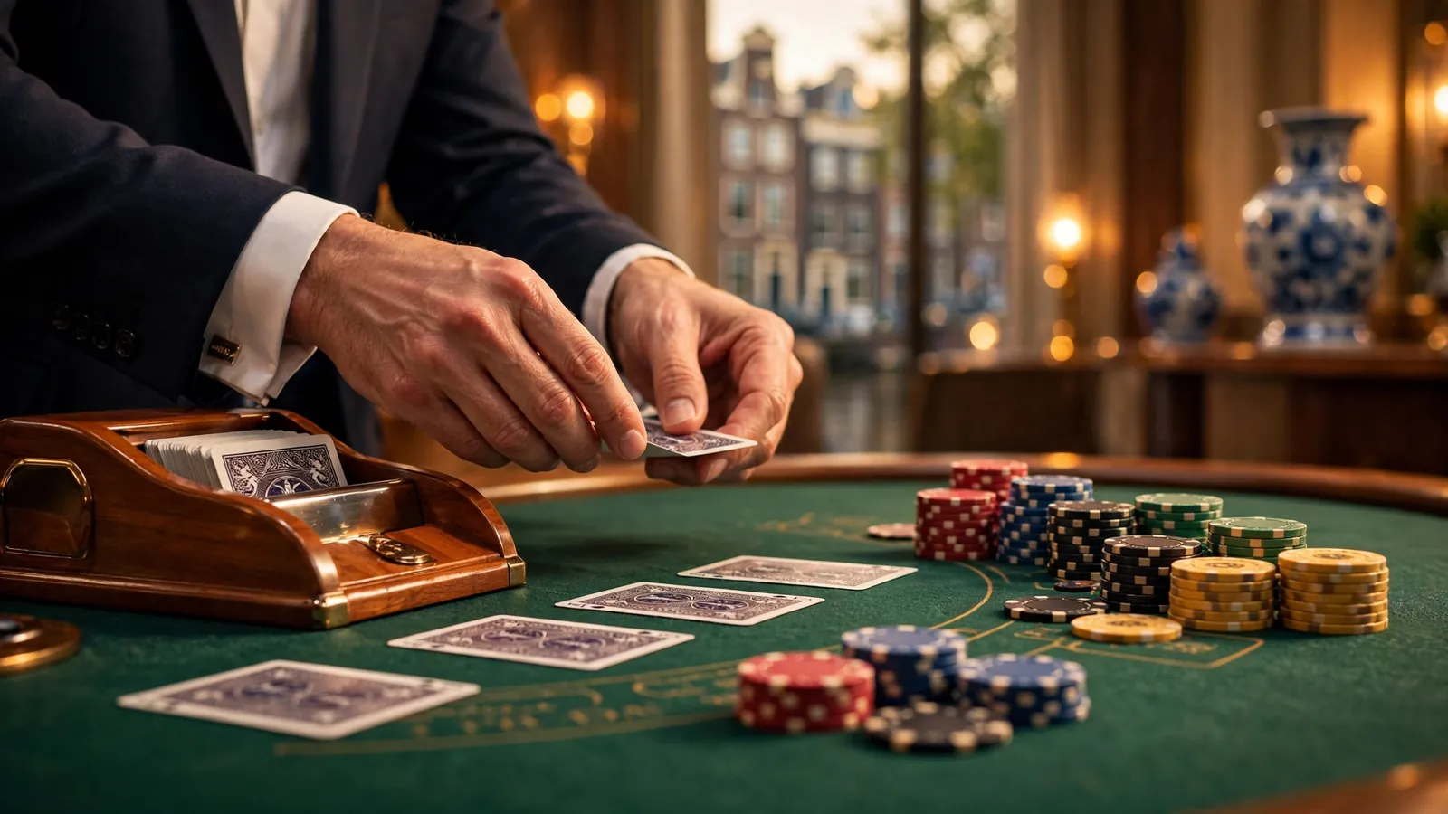 Elegante live baccarat tafel met chips en kaarten in een chique casino-omgeving