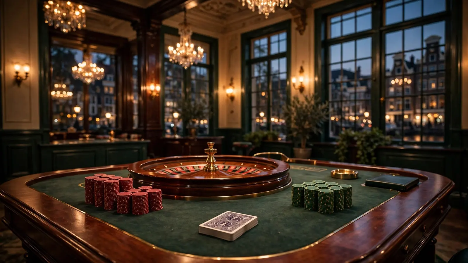 Elegant live casino tafel met roulette en fiches in Nederlandse sfeer