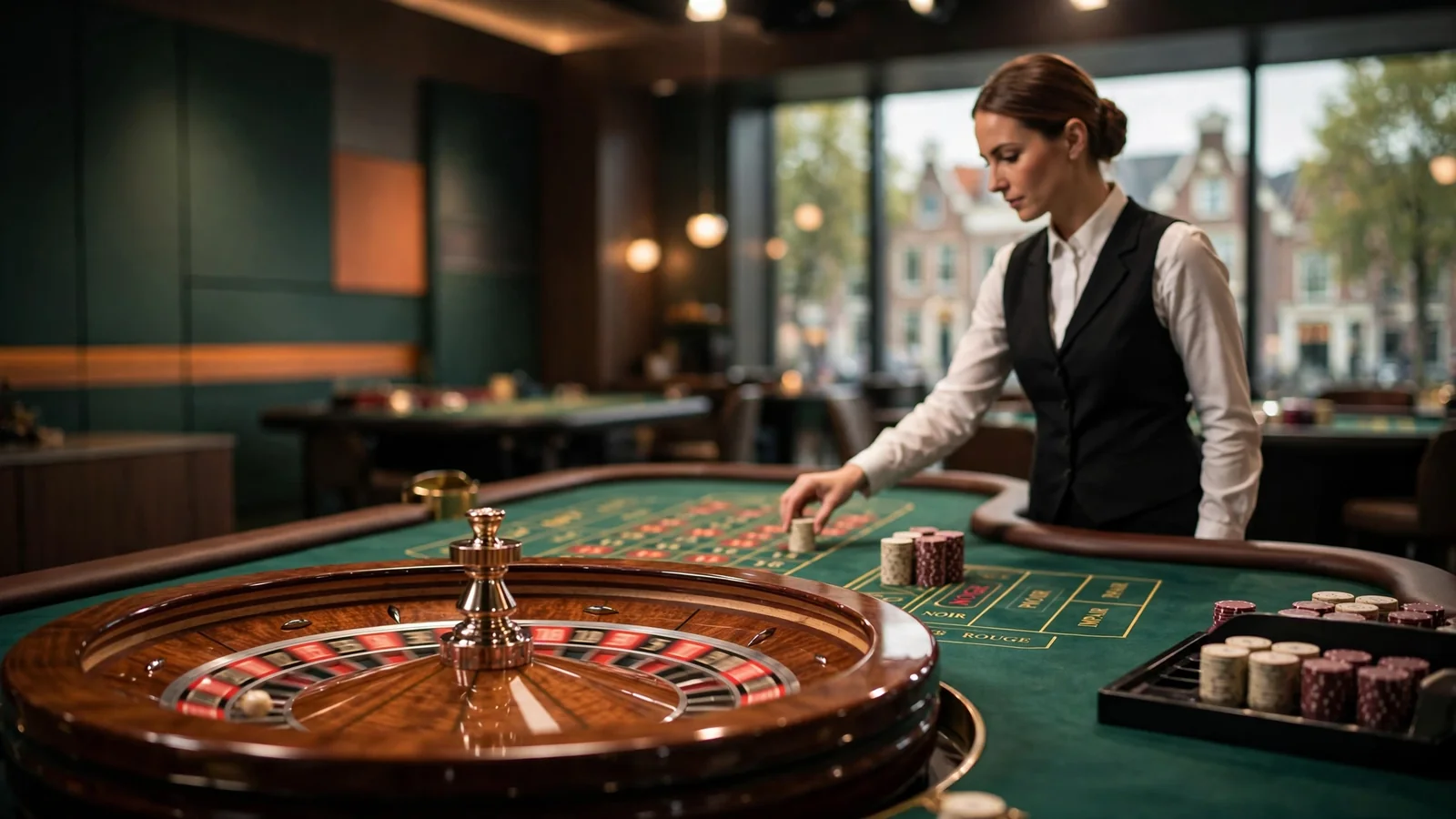 Professionele live casino studio met een draaiende roulettekolos en croupier aan tafel