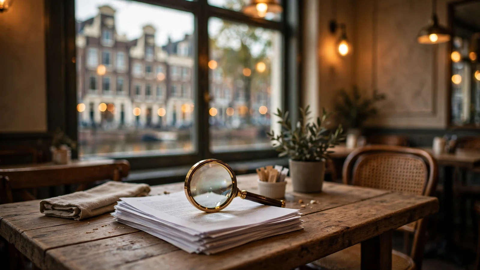 Vergrootglas op papier op tafel in Nederlands café