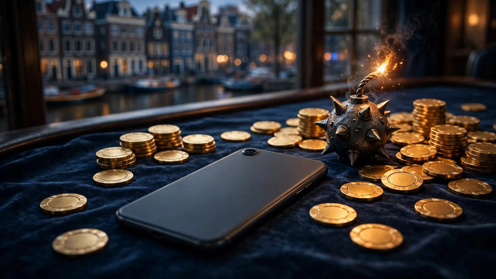 Smartphone met fiches en mijn-symbool op casinotafel in Nederlandse sfeer