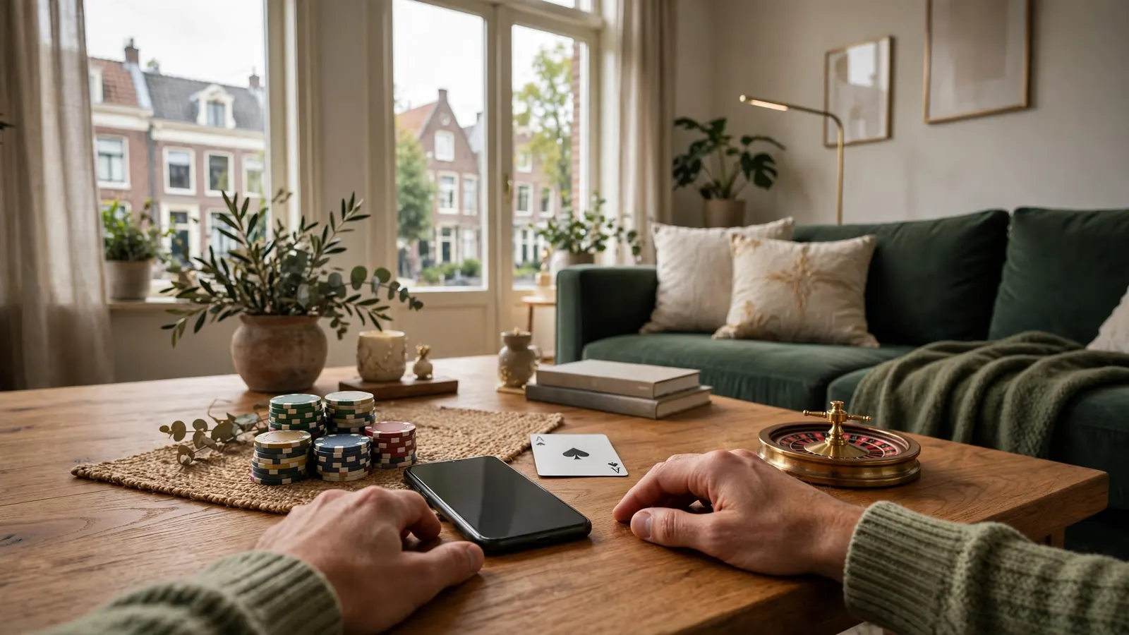 Smartphone met casinospullen op een salontafel in een modern Nederlands interieur