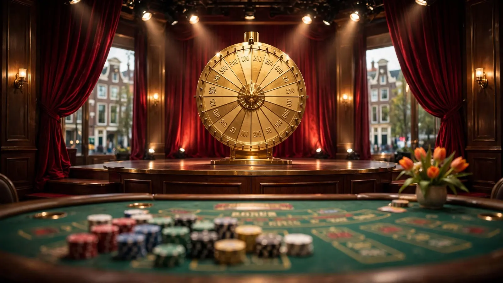 Live casinostudio met groot gouden geldwiel en casinotafel met fiches