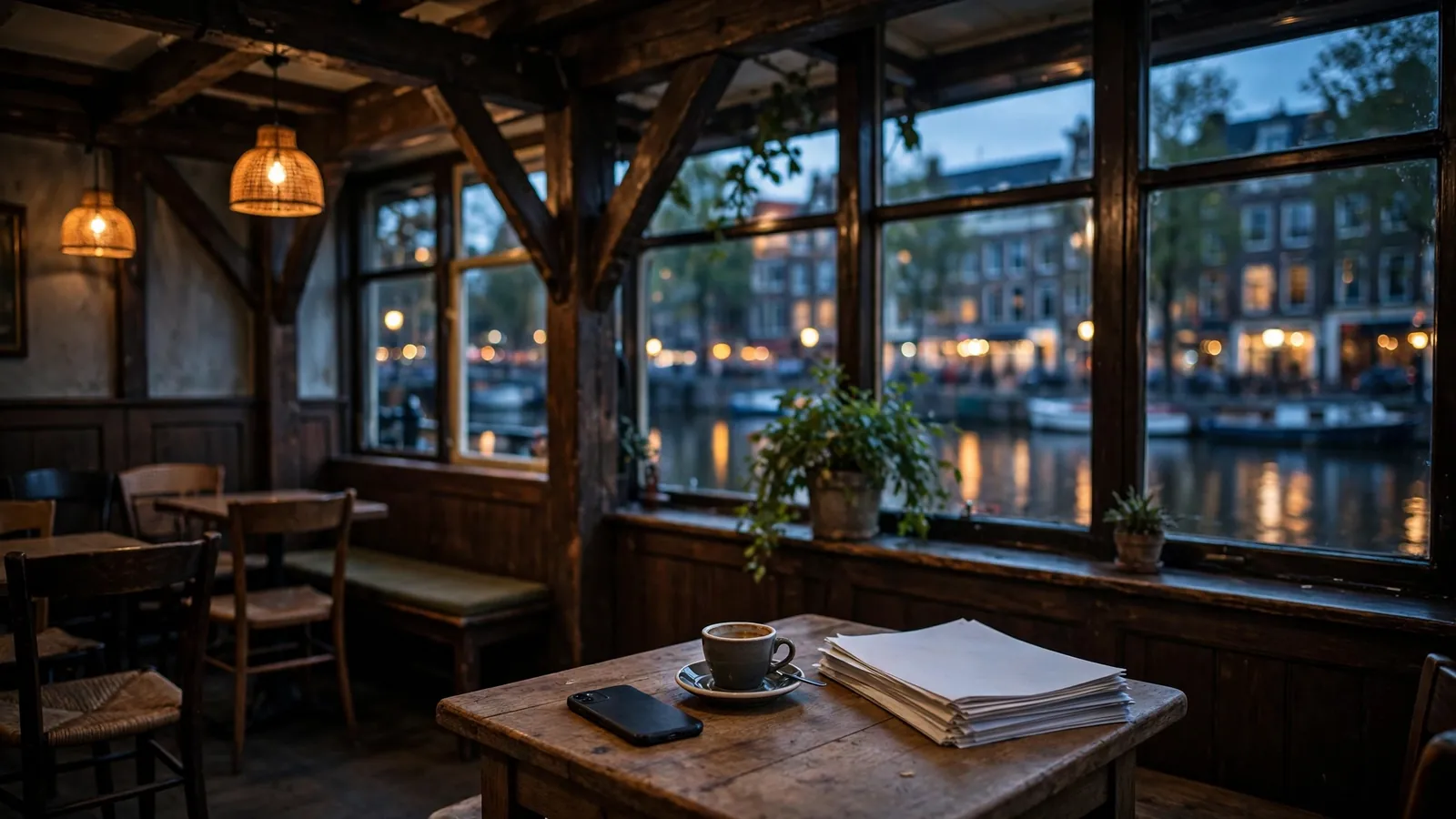 Leeg Nederlands café met gedimde verlichting en een telefoon op tafel