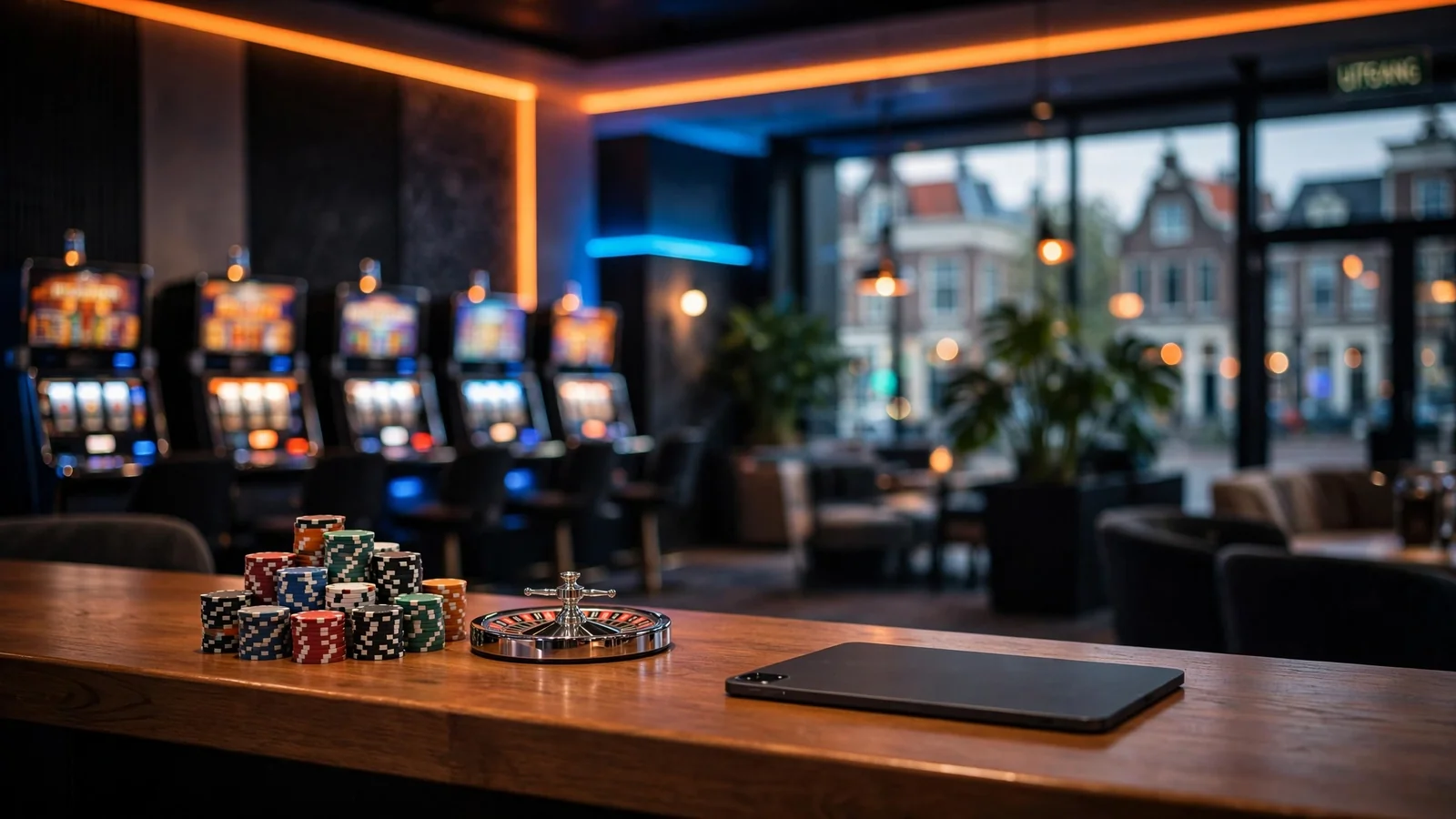 Moderne Nederlandse casino lounge met roulettewiel en speelfiches