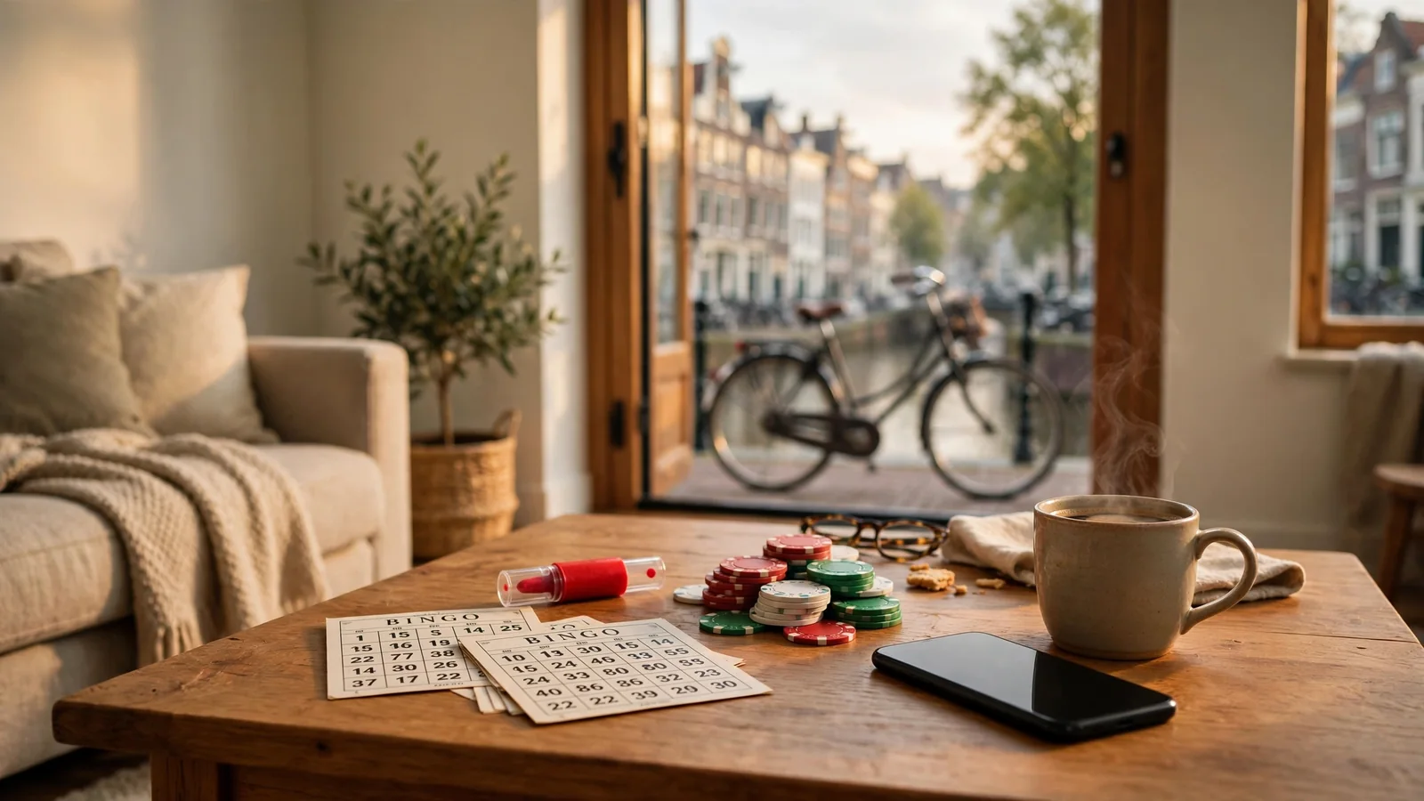 Nederlandse huiskamer met bingokaarten, casinofiches en telefoon op tafel