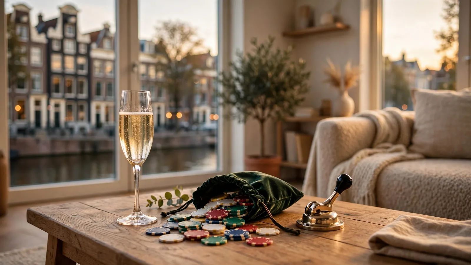 Sfeervolle Nederlandse huiskamer met casinofiches en champagne op tafel