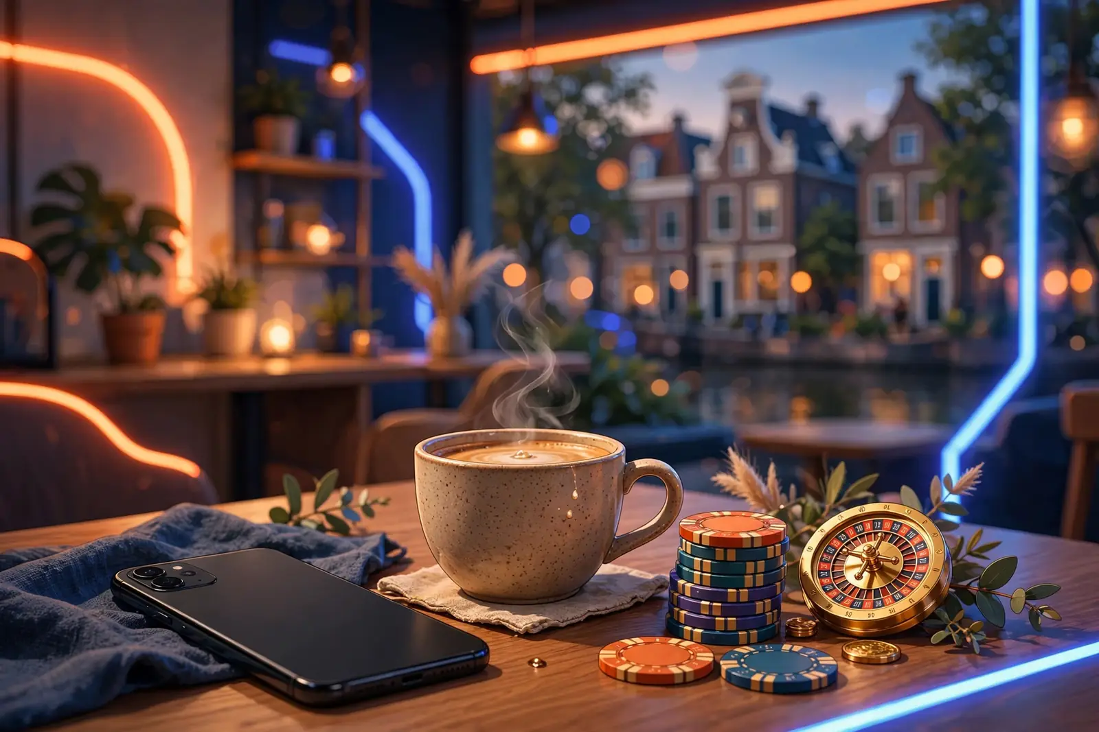 Smartphone op tafel met casino fiches en gouden spinwiel in neon sfeer