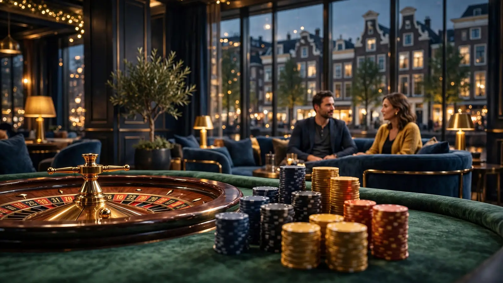 Sfeervolle casino lounge met roulettewiel en fiches in gouden en marineblauwe tinten