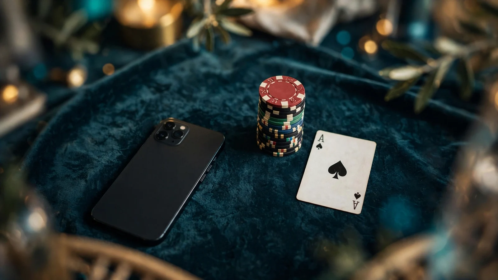 Smartphone met casinofiches op tafel, scherm verborgen