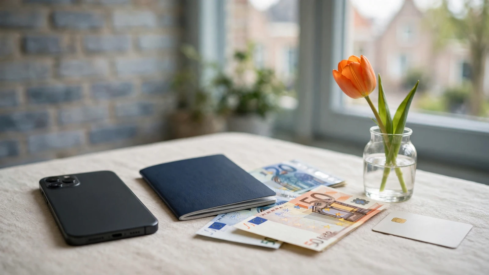 Smartphone, euro's, Nederlands paspoort en tulp op tafel