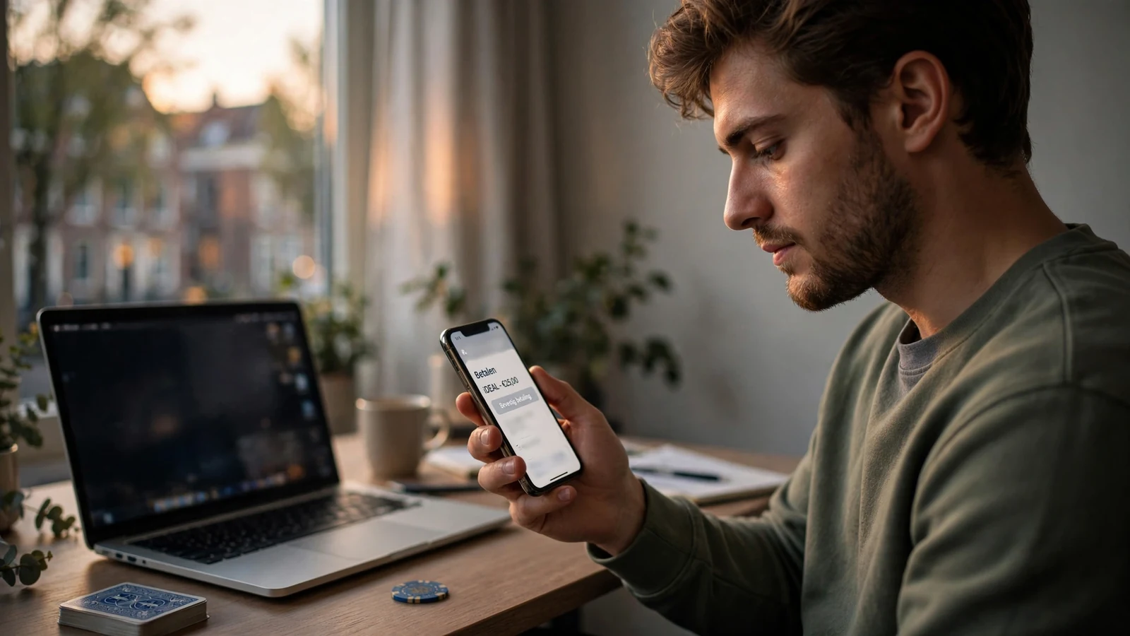 Nederlandse persoon met smartphone bij laptop in modern appartement, subtiele casino-elementen op bureau.