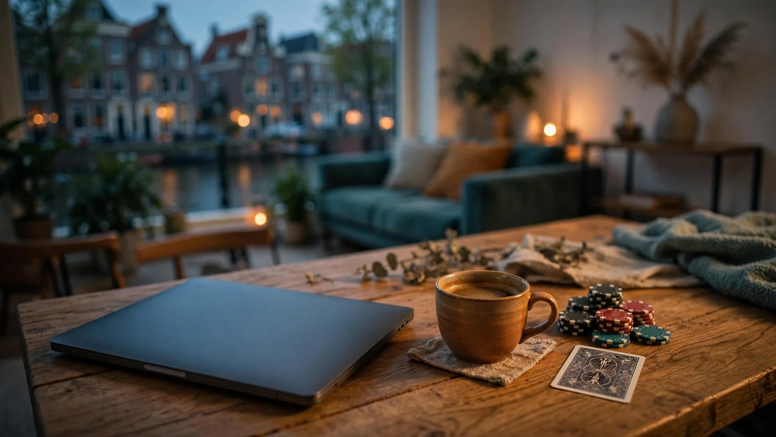 Sfeervolle Nederlandse woonkamer met laptop, koffie en casinofiches bij schemering