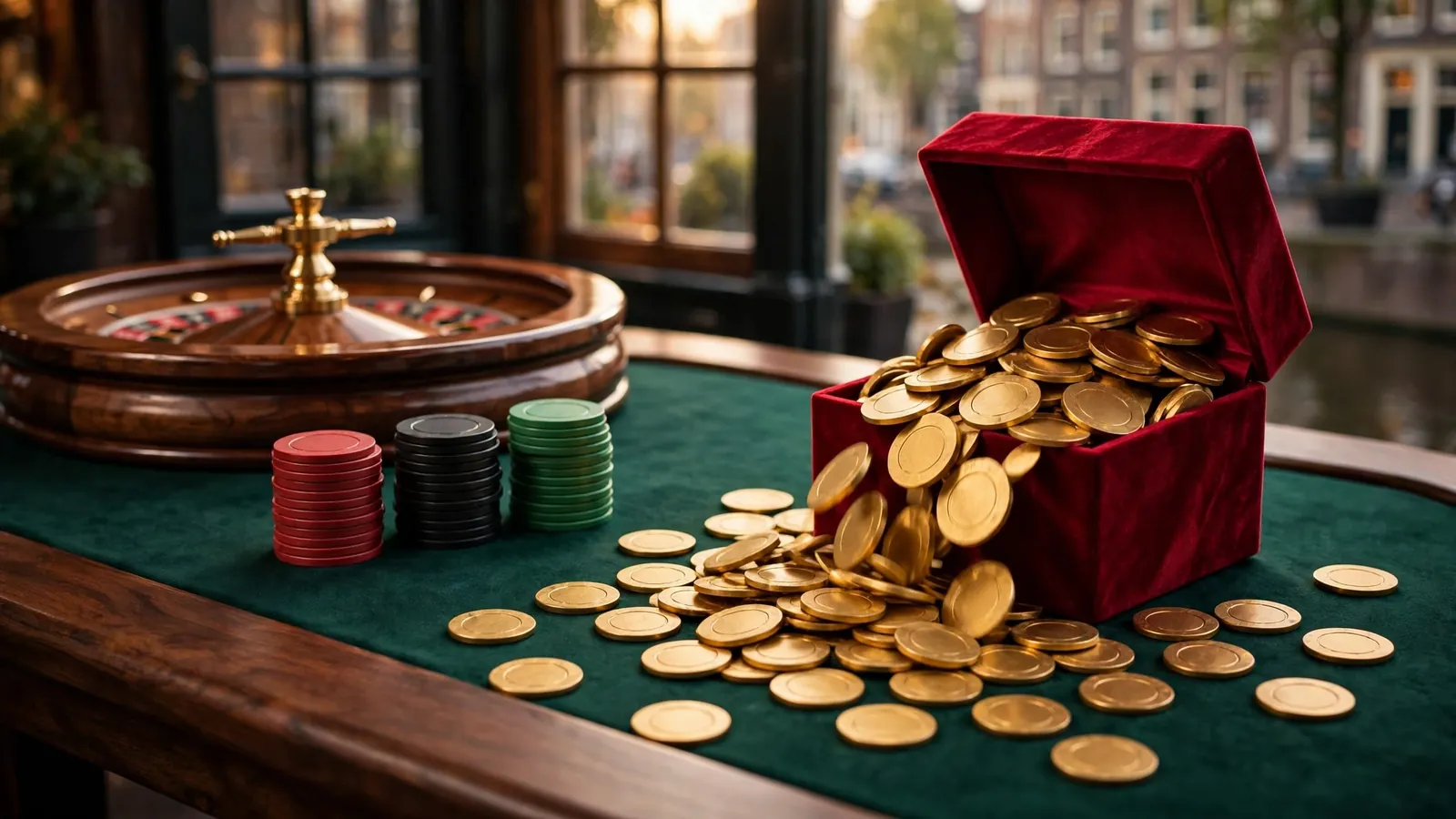 Elegante casinotafel met roulettewiel en chips die vrij uit een open cadeau vallen