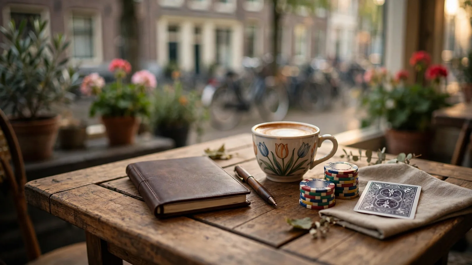 Nederlands tafereel met notitieboek, koffiekopje en casinofiches op houten tafel
