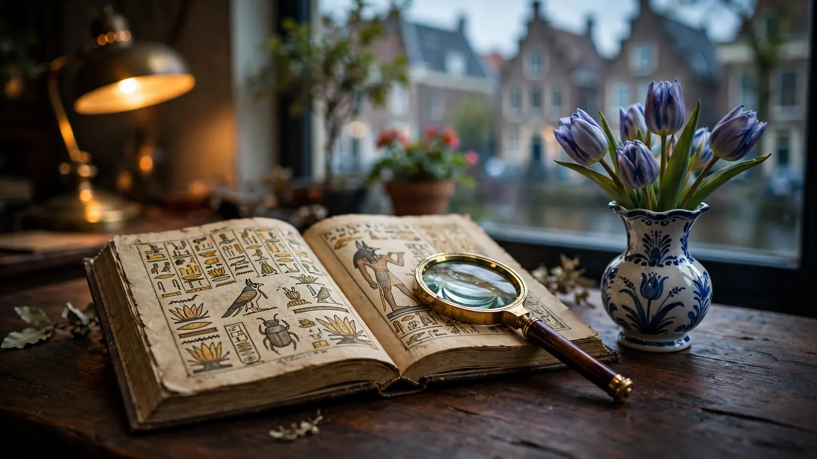 Een oud Egyptisch boek naast een Delfts blauw tulpenvaasje op een houten tafel.